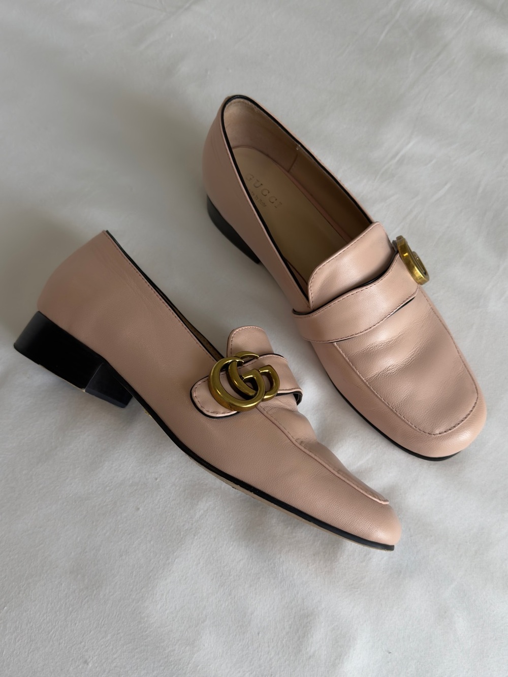 Gucci Blush Pink Leather GG Marmont Loafers with Gold Hardware